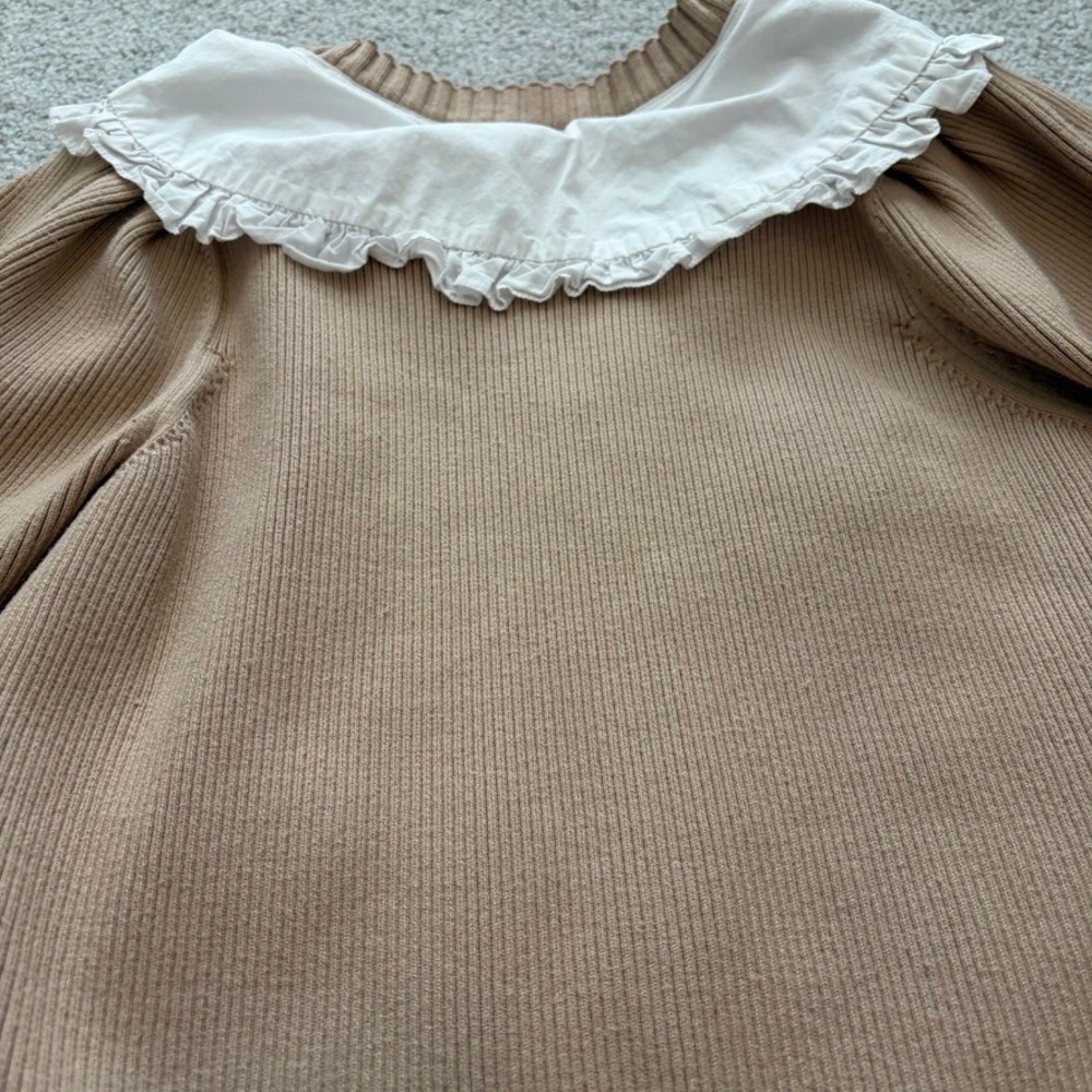 Maeve Anthropologie Poplin Collar Ribbed Knit Sweater Womens S Tan Cottage Retro - Picture 8 of 8